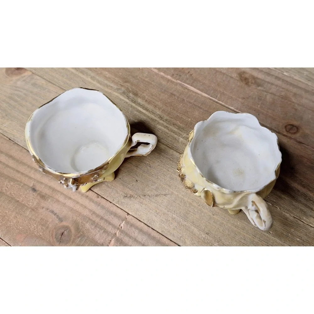 Vintage Footed Lusterware Porcelain Teacups Gold Gilt 3D Floral Applique Set / 2